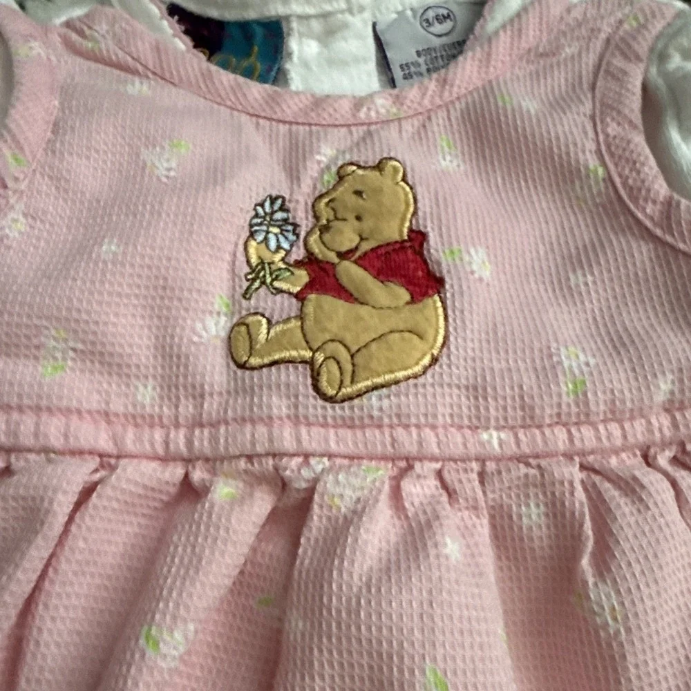 Vintage Disney Winnie the Pooh Pink Floral Embroidered Apron Dress Ruffle Sleeve